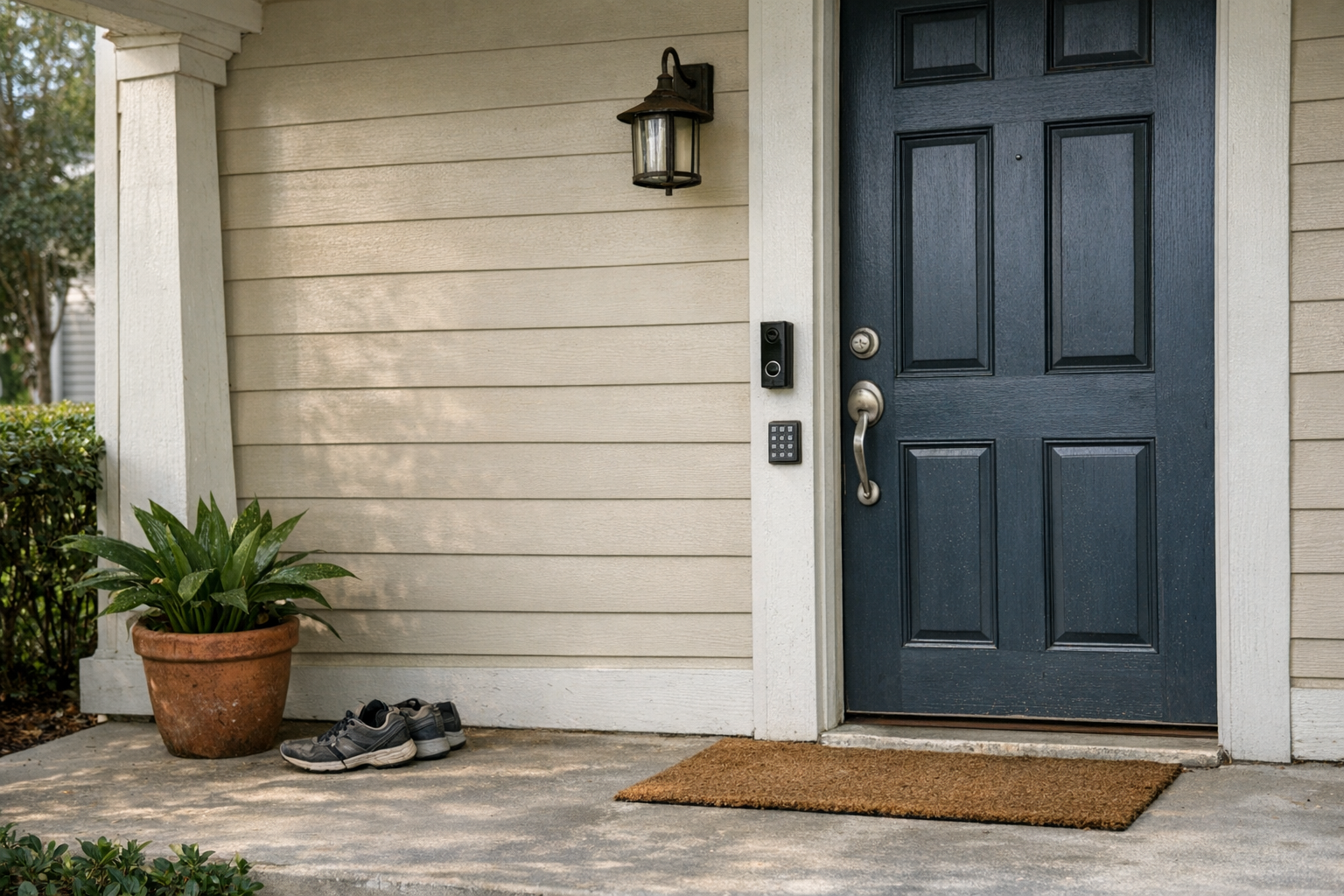 A family home exterior with a keypad by the front door